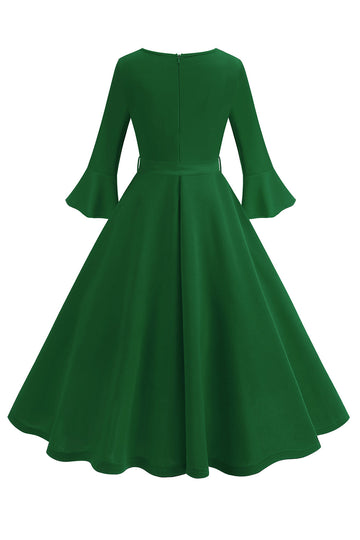 Vestido vintage de manga larga plisada de cuello redondo verde oscuro de la década de 1950